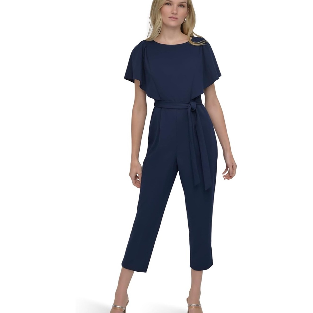 DKNY Navy Blue Jumpsuit with Flutter Sleeves and Tie Belt